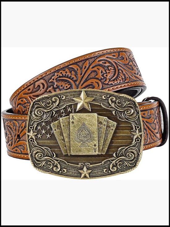 Vintage Western Leather Belt with Detachable Poker Buckle Adjustable Fit